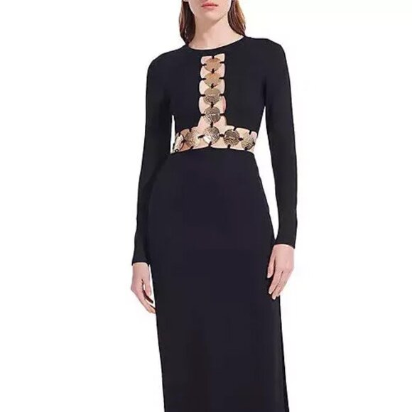 STAUD BLACK DELPHINE GOLD LOGO COIN CUTOUT MAXI DRESS BLACK SZ 8 LONG SLEEVE - Picture 11 of 15